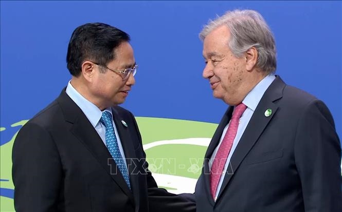 Tổng Thư ký Liên Hợp Quốc Antonio Guterres đón Thủ tướng Phạm Minh Chính dự Hội nghị COP26.
