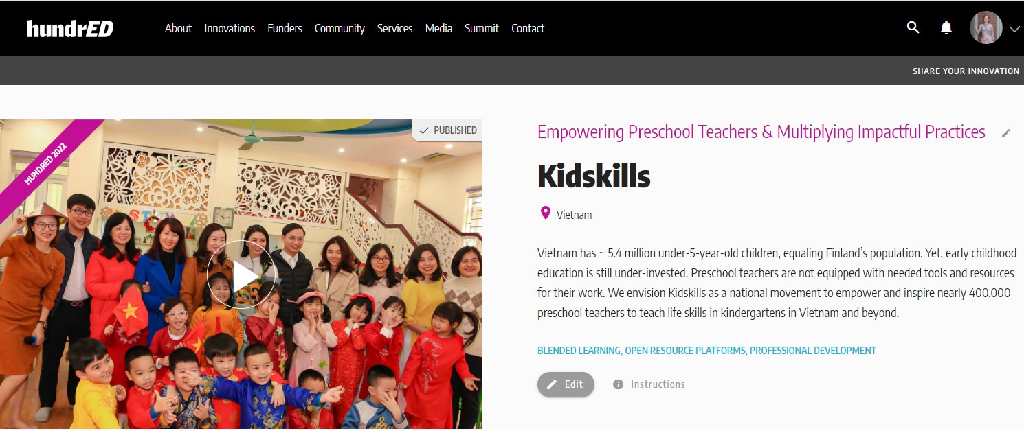 Hình ảnh giới thiệu Dự án KidSkills trên Website của Chương trình.