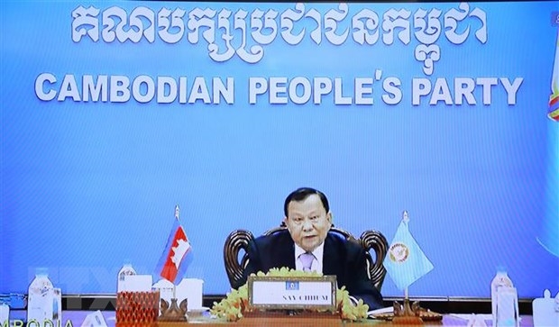 Ông Say Chhum, Phó Chủ tịch, Trưởng ban Thường trực Ban Thường vụ Trung ương Đảng Nhân dân Campuchia phát biểu. (Ảnh: Văn Điệp/TTXVN)