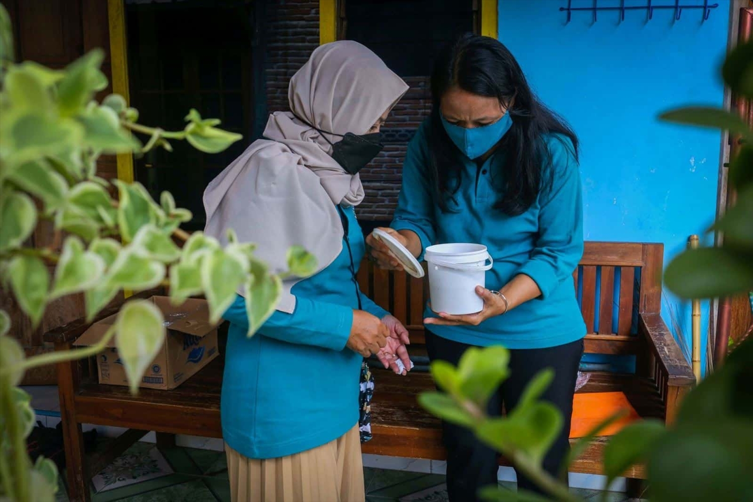 Các tình nguyện viên của Chương trình Muỗi Thế giới (WMP) kiểm tra thùng nhân giống muỗi Wolbachia tại một ngôi nhà ở Yogyakarta, Indonesia. Ảnh: REUTERS