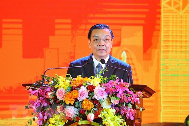 Chủ tịch Ủy ban Nhân dân thành phố Hà Nội Chu Ngọc Anh phát biểu tại buổi lễ. (Ảnh: Minh Đức/TTXVN)