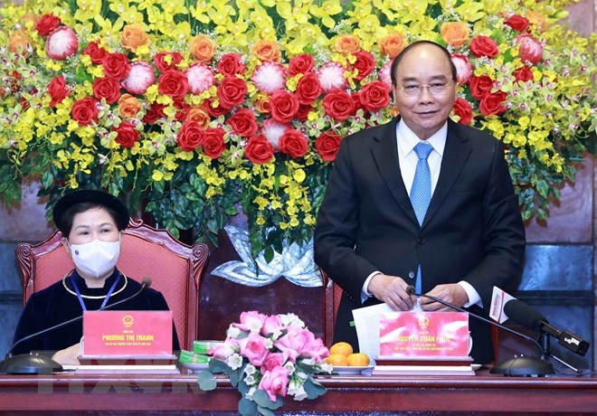 Chủ tịch nước Nguyễn Xuân Phúc phát biểu tại buổi gặp mặt. Ảnh: Thống Nhất/TTXVN