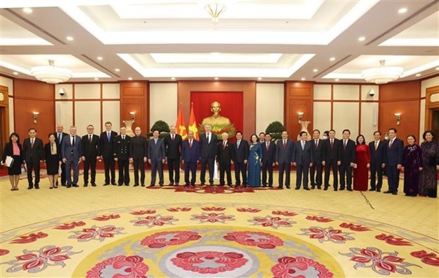 Tổng Bí thư Nguyễn Phú Trọng cùng các đồng chí lãnh đạo Đảng, Nhà nước và các đại biểu tại buổi lễ. (Ảnh: Trí Dũng/TTXVN)