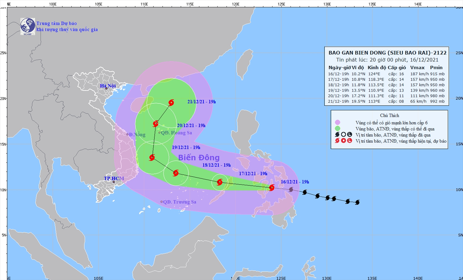 Vị trí và hướng di chuyển của bão RAI. Nguồn: nchmf.gov.vn