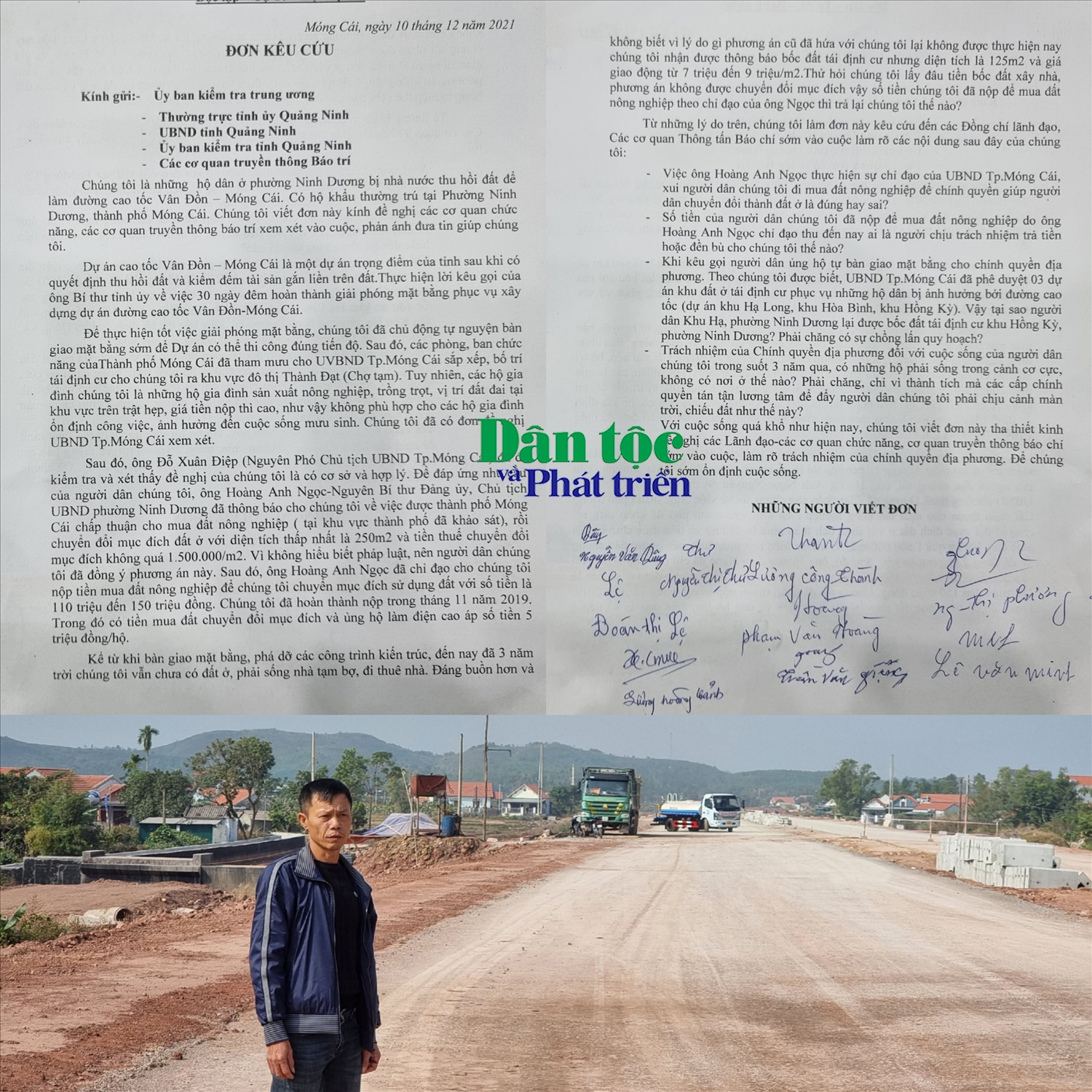 Ông Nguyễn Văn Dũng đứng trên tuyến đường cao tốc Vân Đồn - Móng Cái cùng lá đơn kêu cứu của các hộ dân phường Ninh Dương