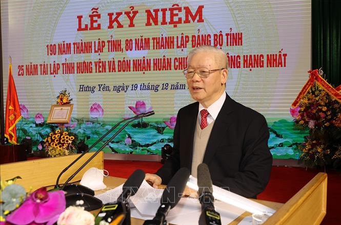 Tổng Bí thư Nguyễn Phú Trọng phát biểu tại Lễ kỷ niệm. (Ảnh: Trí Dũng/TTXVN)