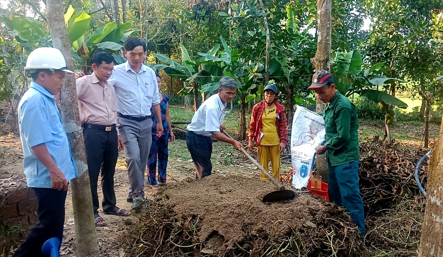 Cán bộ kỹ thuật nông nghiệp huyện Nông Sơn và khuyến nông viên cơ sở hướng dẫn nông dân chế biến phụ phẩm nông nghiệp thành phân hữu cơ bón cho cây trồng. Ảnh: M.N