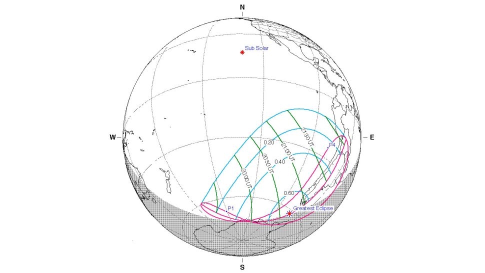 Bản đồ cho nhật thực một phần vào ngày 30/4/2022. Nguồn: Fred Espenak/ NASA. 