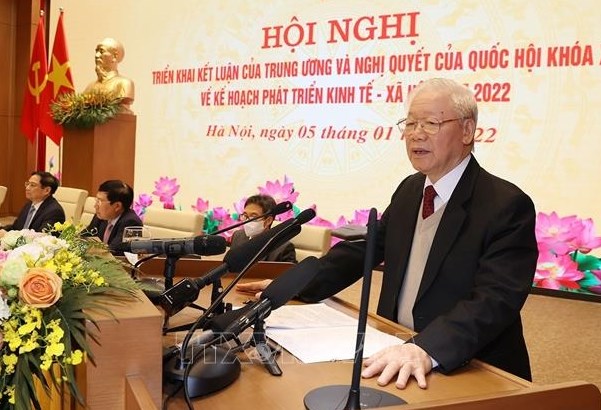 Tổng Bí thư Nguyễn Phú Trọng phát biểu chỉ đạo hội nghị, sáng 5/1/2022. Ảnh: Trí Dũng/TTXVN