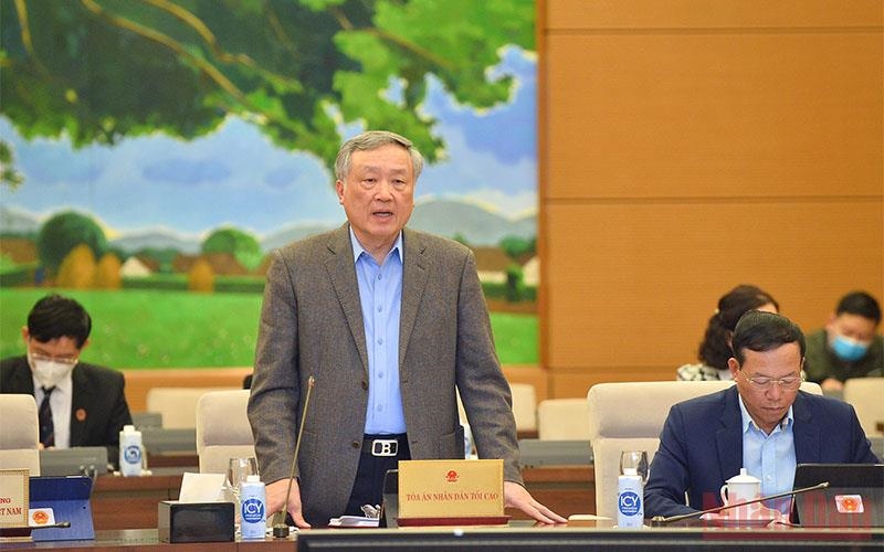 Chánh án Tòa án Nhân dân Tối cao Nguyễn Hòa Bình phát biểu tại phiên họp. (Ảnh: Đăng Anh) 