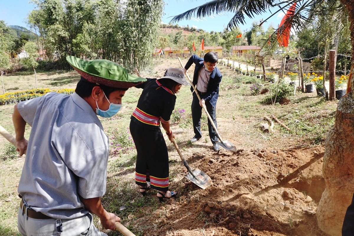 Phó Chủ tịch Thường trực HĐND tỉnh Nguyễn Thế Hải cùng lãnh đạo huyện Tu Mơ Rông (áo đen) tham gia trồng cây tại điểm du lịch cộng đồng thôn Long Tro - Ba Khen
