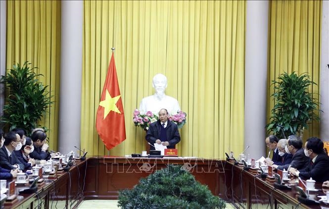 Chủ tịch nước Nguyễn Xuân Phúc phát biểu tại buổi làm việc. 