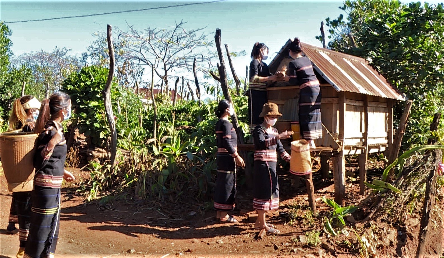 Chị em làng Pơ Nang, xã Kon Thụp, huyện Mang Yang háo hức nộp lúa vào kho thóc tình thương của Chi hội Phụ nữ làng