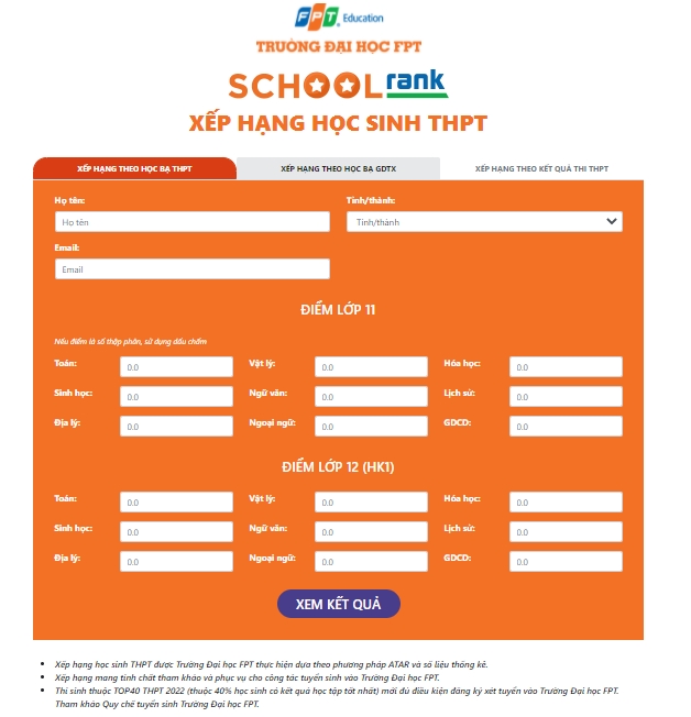 Giao diện trang SchoolRank đơn giản, dễ dàng sử dụng