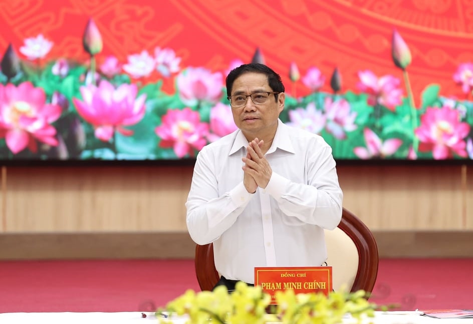 Thủ tướng Phạm Minh Chính chủ trì làm việc với lãnh đạo chủ chốt tỉnh Kiên Giang. Ảnh: Dương Giang/TTXVN