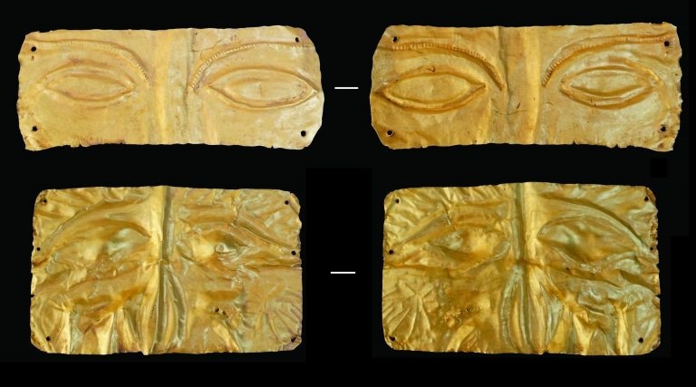 Mặt trên và dưới của những chiếc mặt nạ vàng hơn 2.000 năm. Ảnh tư liệu