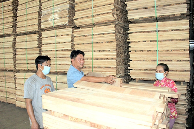 Anh Nguyễn Công Thụy (giữa) kiểm tra gỗ nguyên liệu thành phẩm trước khi xuất xưởng