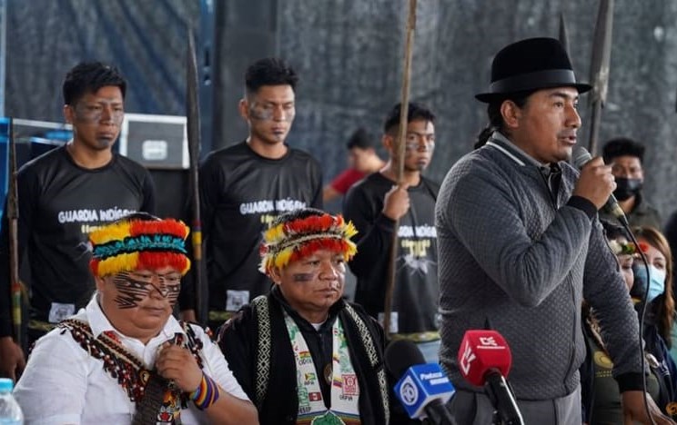 Các nhà lãnh đạo từ các cộng đồng bản địa ở lưu vực sông Amazon tổ chức họp báo tại Union Base, Ecuador, yêu cầu chính phủ các nước khu vực Nam Mỹ ngừng khai thác phá hoại rừng nhiệt đới Amazon