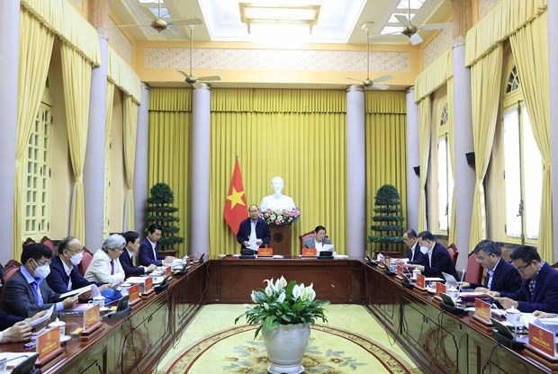 Chủ tịch nước Nguyễn Xuân Phúc phát biểu tại buổi làm việc. (Ảnh: Thống Nhất/TTXVN)