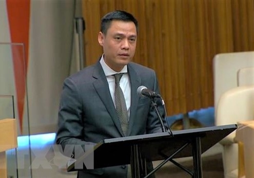 Đại sứ Đặng Hoàng Giang, Trưởng Phái đoàn Đại diện thường trực Việt Nam tại Liên Hợp Quốc phát biểu tại Hội thảo. (Ảnh: TTXVN