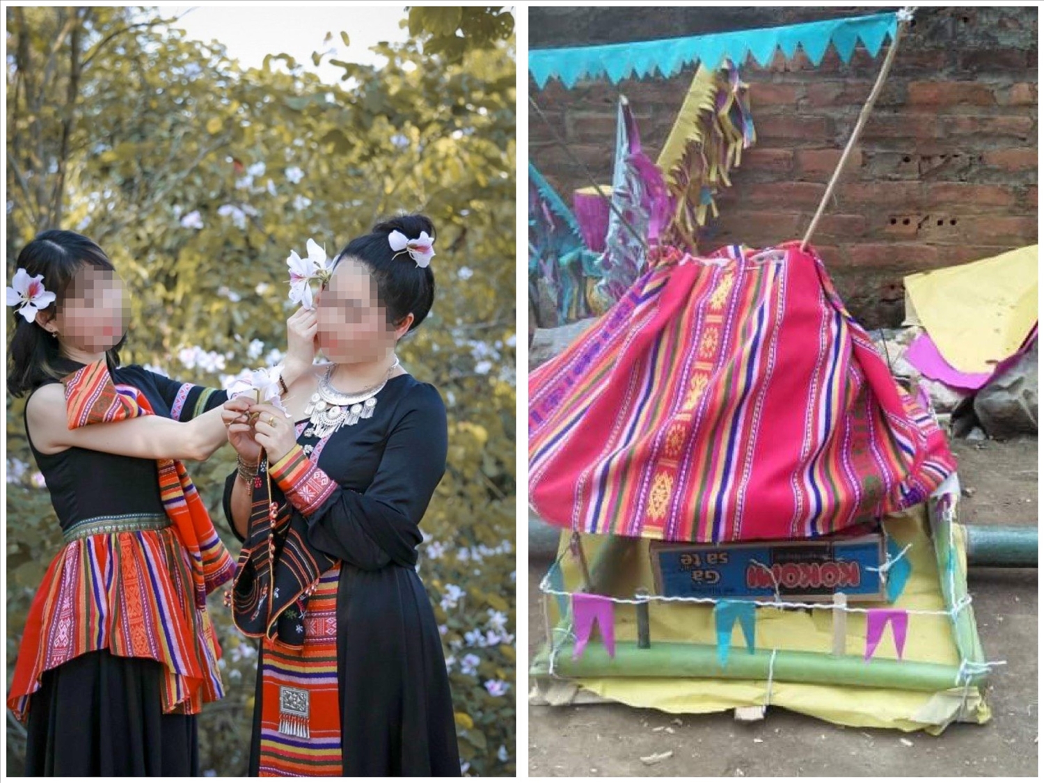 Trang phục cách tân (ảnh bên trái) sử dụng thổ cẩm đỏ mà theo nhiều người Thái có phần giống với những mẫu vải được sử dụng trong đám tang, nhà mồ (ảnh bên phải)