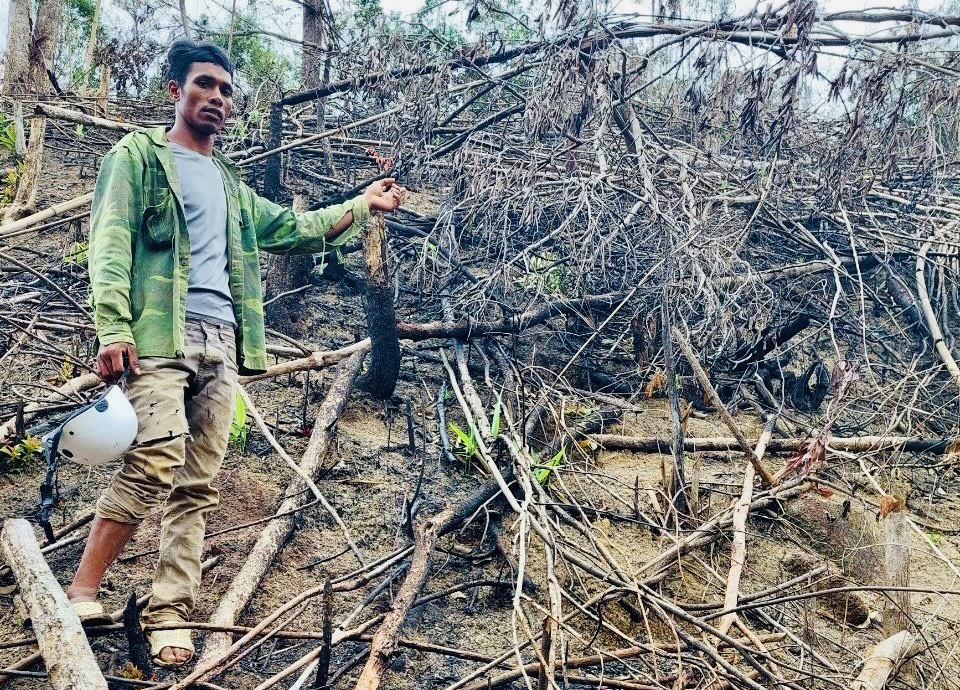 Đối tượng Cơ Liêng Ha Nin tại hiện trường vụ phá rừng.
