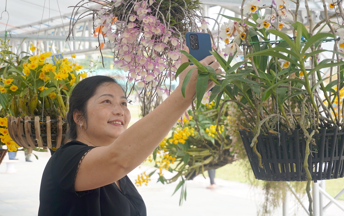 Du khách hào hứng ghi lại những hình ảnh đẹp tại khu trưng bày hoa lan