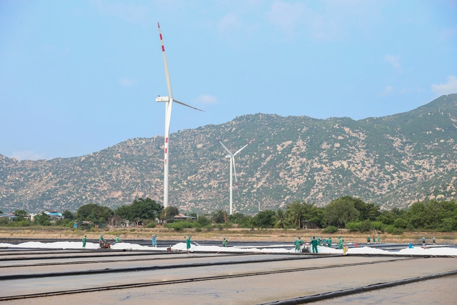 Tổ hợp gồm cánh đồng muối sạch có sản lượng 300.000 tấn/năm và 3 công trình điện mặt trời và điện gió công suất 500 MW. Ảnh: VGP/Nhật Bắc
