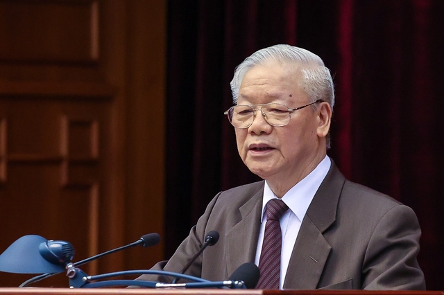 Tổng Bí thư Nguyễn Phú Trọng nhấn mạnh yêu cầu tạo ra bước chuyển biến mới có tính đột phá trong phát triển kinh tế-xã hội và bảo đảm quốc phòng, an ninh trên Vùng đất chín Rồng - Ảnh: VGP/Nhật Bắc