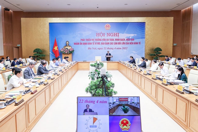 Thủ tướng Chính phủ Phạm Minh Chính chủ trì Hội nghị phát triển thị trường vốn. (Ảnh: VGP/Nhật Bắc)