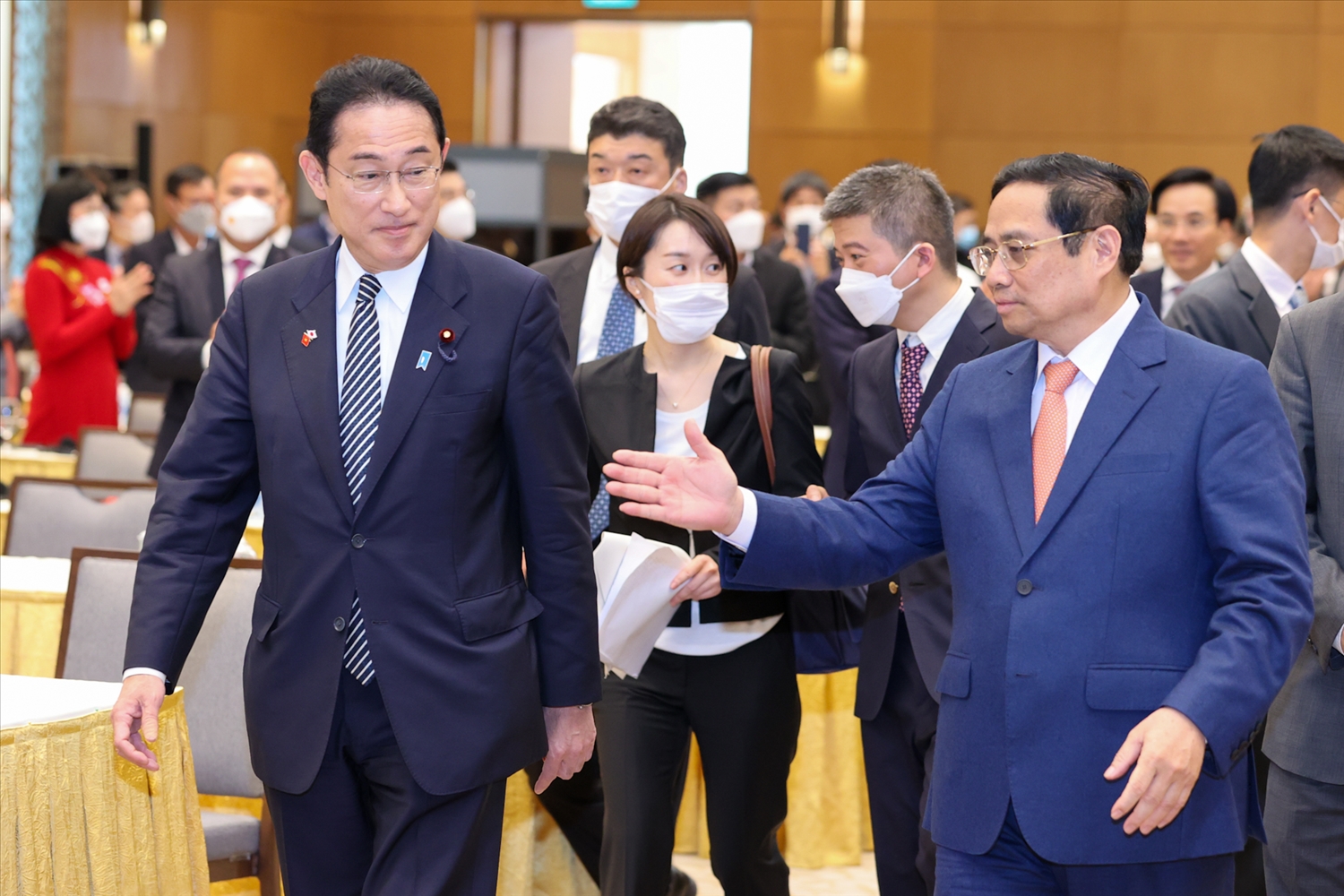 Thủ tướng Phạm Minh Chính và Thủ tướng Nhật Bản Kishida Fumio đã dự hội thảo hợp tác Việt Nam-Nhật Bản trong đổi mới công nghệ, chuyển đổi số và đa dạng hóa chuỗi cung ứng. Ảnh VGP/Nhật Bắc