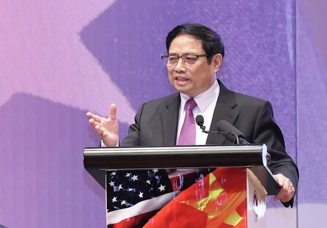 Thủ tướng Phạm Minh Chính phát biểu tại Hội nghị Thượng đỉnh kinh doanh Việt Nam-Hoa Kỳ, ngày 8/3/2022 tại Hà Nội. - Ảnh: VGP