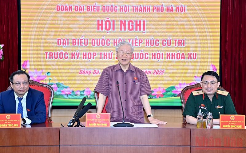 Tổng Bí thư Nguyễn Phú Trọng phát biểu tại buổi tiếp xúc cử tri đơn vị bầu cử số 1, Thành phố Hà Nội