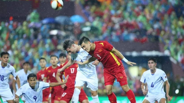 U23 Việt Nam (đỏ) trong trận hòa với U23 Philippines tại vòng bảng SEA Games 31. (Ảnh BTC)