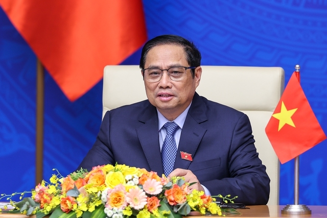 Thủ tướng Chính phủ Phạm Minh Chính phát biểu theo hình thức trực tuyến tại lễ công bố khởi động thảo luận về Khuôn khổ kinh tế Ấn Độ Dương - Thái Bình Dương vì thịnh vượng - Ảnh: VGP/Nhật Bắc