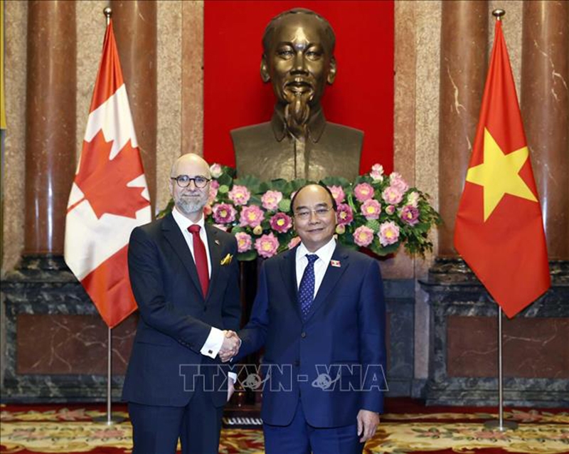  Chủ tịch nước Nguyễn Xuân Phúc tiếp Đại sứ Canada Shawn Perry Steil trình Quốc thư. (Ảnh: TTXVN)