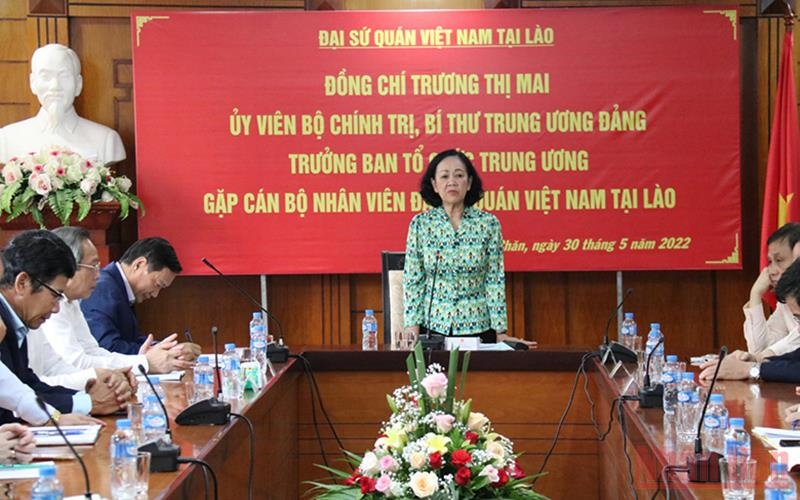 Đồng chí Trương Thị Mai thông báo một số công tác trọng tâm giữa Đảng Cộng sản Việt Nam và Đảng Nhân dân Cách mạng Lào, chiều 30/5. (Ảnh: Xuân Sơn)