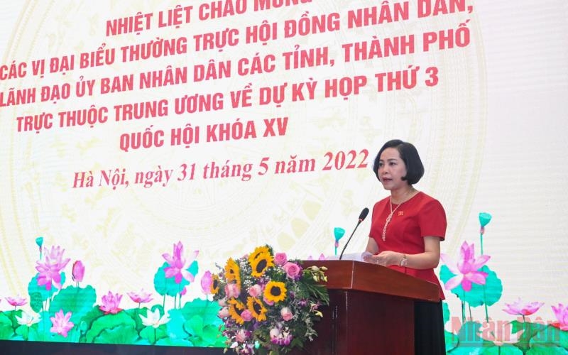Trưởng ban Công tác đại biểu Quốc hội Nguyễn Thị Thanh phát biểu tại buổi gặp mặt. (Ảnh: DUY LINH)