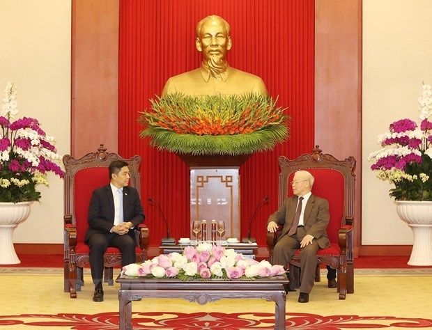 Tổng Bí thư Nguyễn Phú Trọng hoan nghênh chuyến thăm Việt Nam của Chủ tịch Quốc hội Singapore Tan Chuan-Jin trao đổi (Ảnh: TTXVN)