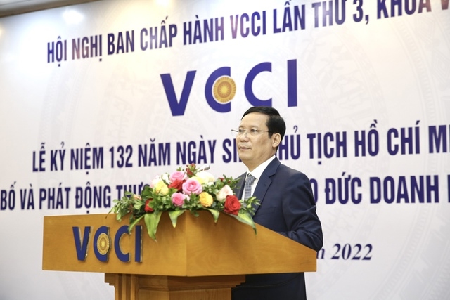 Chủ tịch VCCI Phạm Tấn Công kêu gọi hội viên và cộng đồng doanh nhân cả nước đồng lòng thực hiện Quy tắc đạo đức doanh nhân Việt Nam - Ảnh:VGP/Huy Thắng