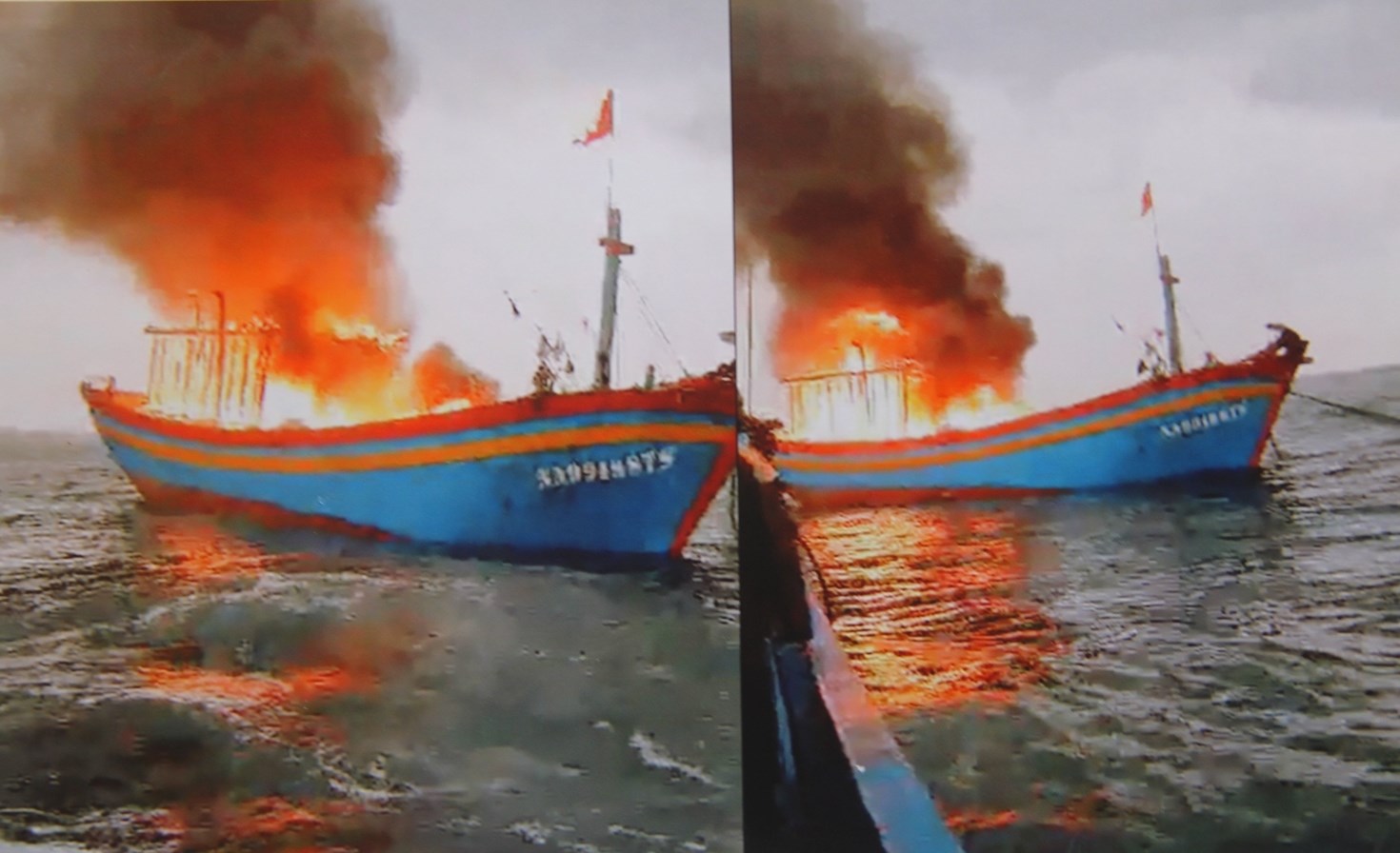 Tàu cá của ông Hoàng Văn Quyết bị cháy trên biển (Ảnh do ngư dân cung cấp)