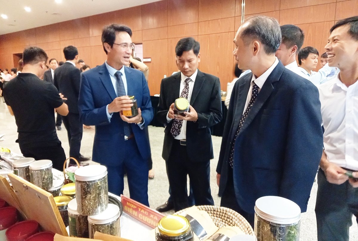 Lãnh đạo tỉnh Lai Châu giới thiệu các sản phẩm chè với các đại biểu tham dự Hội thảo