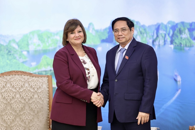 Thủ tướng Chính phủ Phạm Minh Chính tiếp Đại sứ Ai Cập tại Việt Nam Amal Abdel Kader Elmorsi Salama. (Ảnh: VGP/Nhật Bắc)