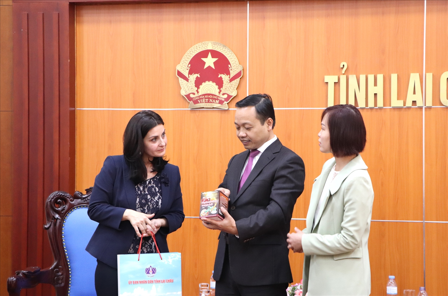 Chủ tịch UBND tỉnh Lai Châu Trần Tiến Dũng giới thiệu về tiềm năng, lợi thế của Lai Châu tới bà Marinela Petkova và Đoàn công tác
