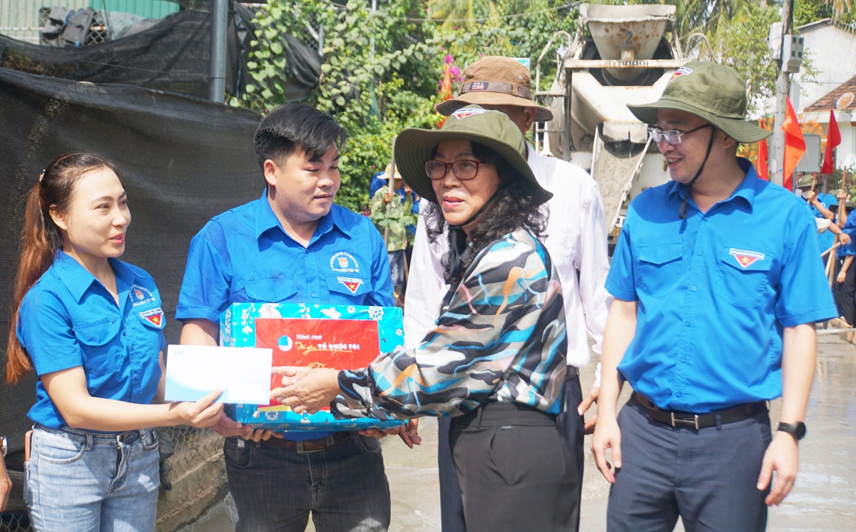 Thứ trưởng, Phó Chủ nhiệm UBDT Hoàng Thị Hạnh thăm, tặng quà động viên cho đoàn thanh niên xã Trà Bình