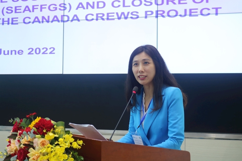 Bà Hwirin Kim - Trưởng bộ phận Dịch vụ Thủy văn và Tài nguyên nước (HWR) của Tổ chức Khí tượng thế giới WMO phát biểu tại lễ Công bố. Ảnh: TL 