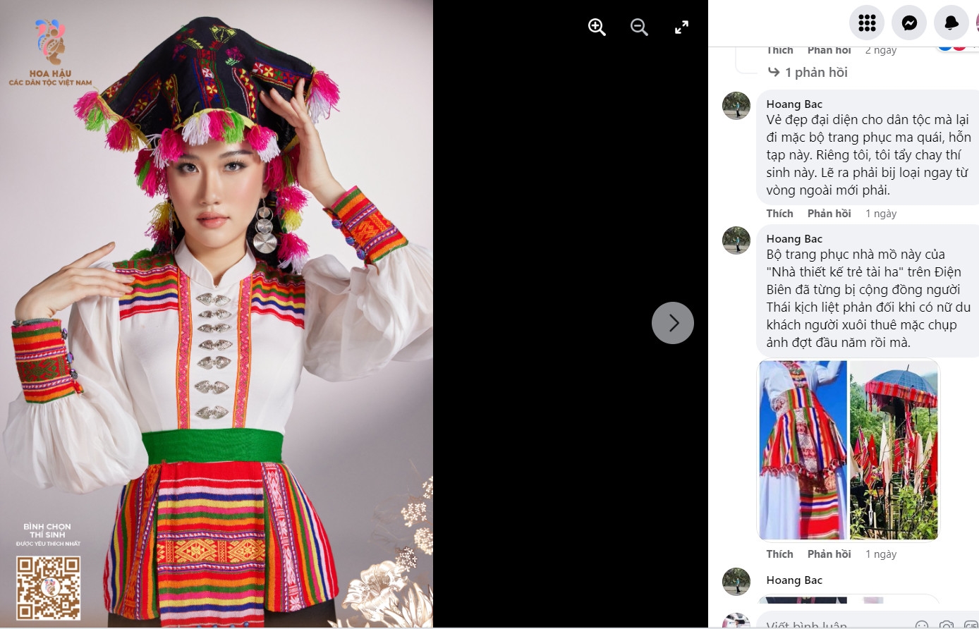 Chiếc váy Thái của thí sinh tham dự cuộc thi Hoa hậu các dân tộc Việt Nam năm 2022 sử dụng chất liệu vải khít thường sử dụng trong trang trí nhà mồ của người Thái