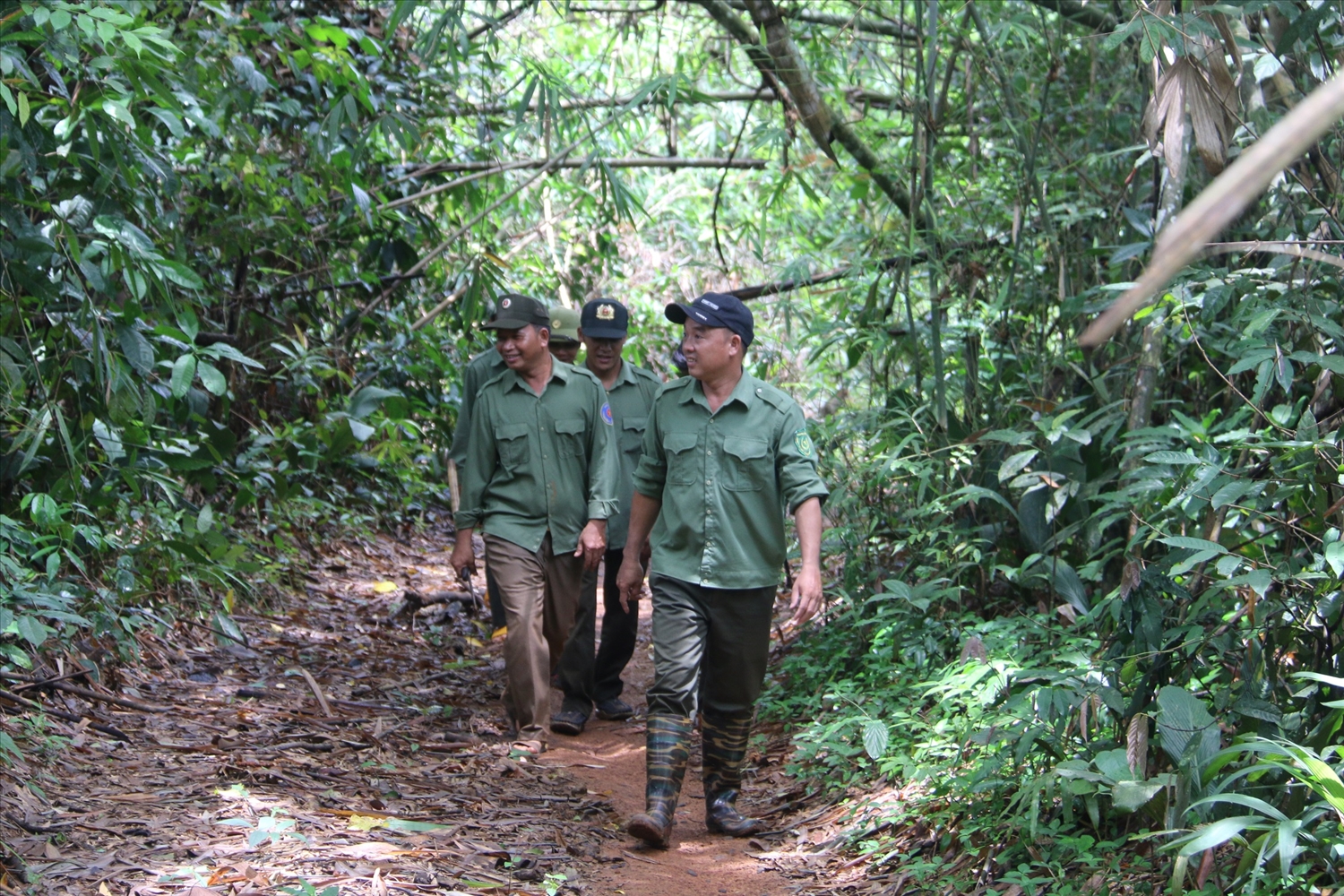 Người dân và nhân viên bảo vệ rừng của Công ty Nam Tây Nguyên, cùng tuần tra, bảo vệ rừng