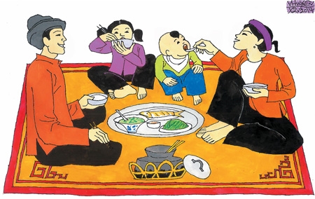 Bức tranh minh họa bữa cơm gia đình người Việt