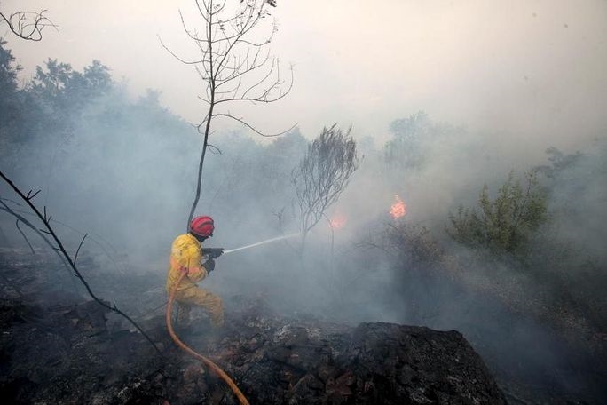 Lính cứu hỏa cố gắng dập tắt cháy rừng ở Alvendre, gần Guarda, Bồ Đào Nha, vào ngày 18/7. Ảnh: EPA-EFE